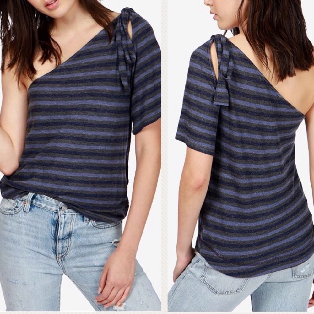 Lucky Brand blue grey striped linen blend one shoulder top size XL